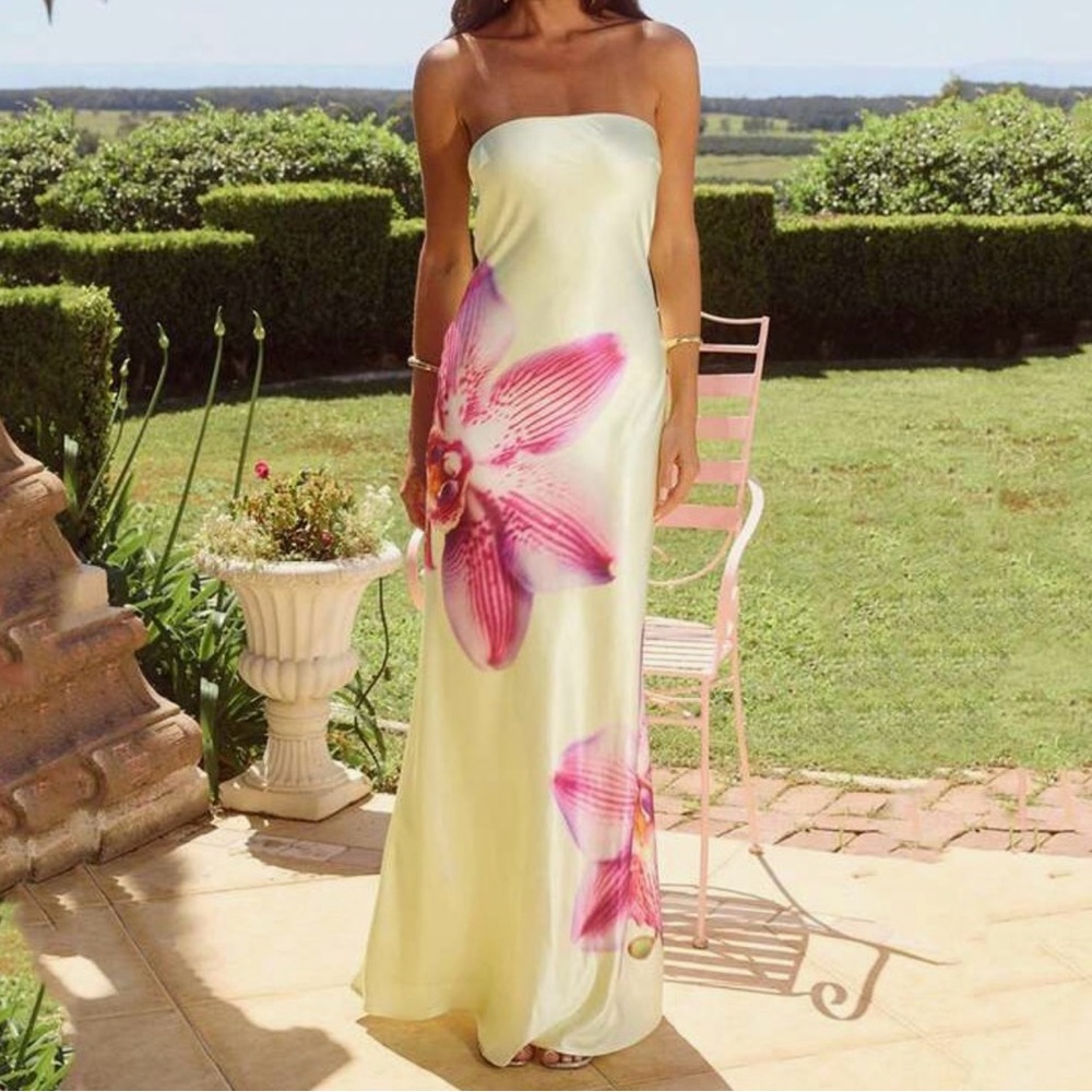 Butter Yellow Floral Strapless Maxi Dress